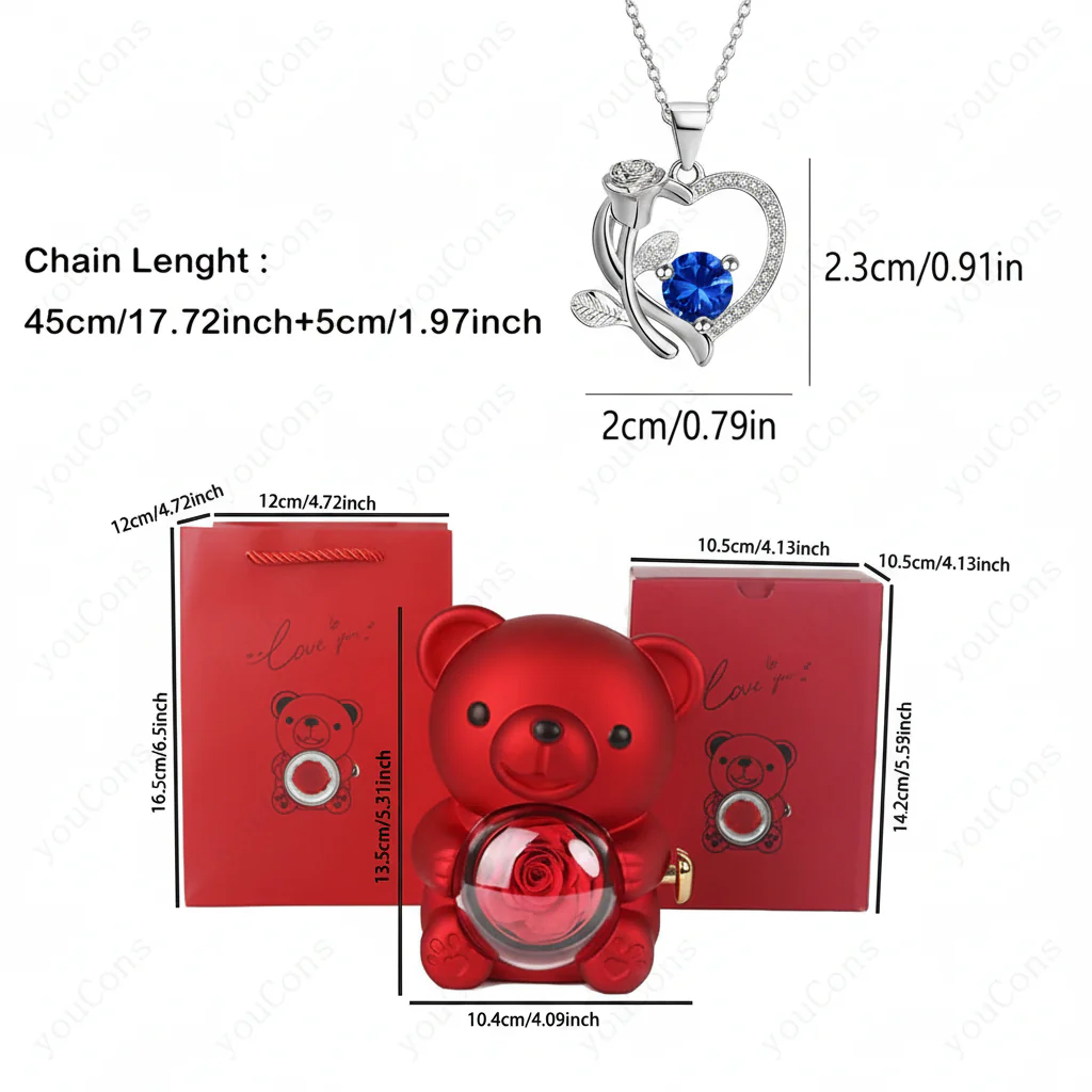 Necklace Heart Pendant Zircon Bear Rose Gift Box Women