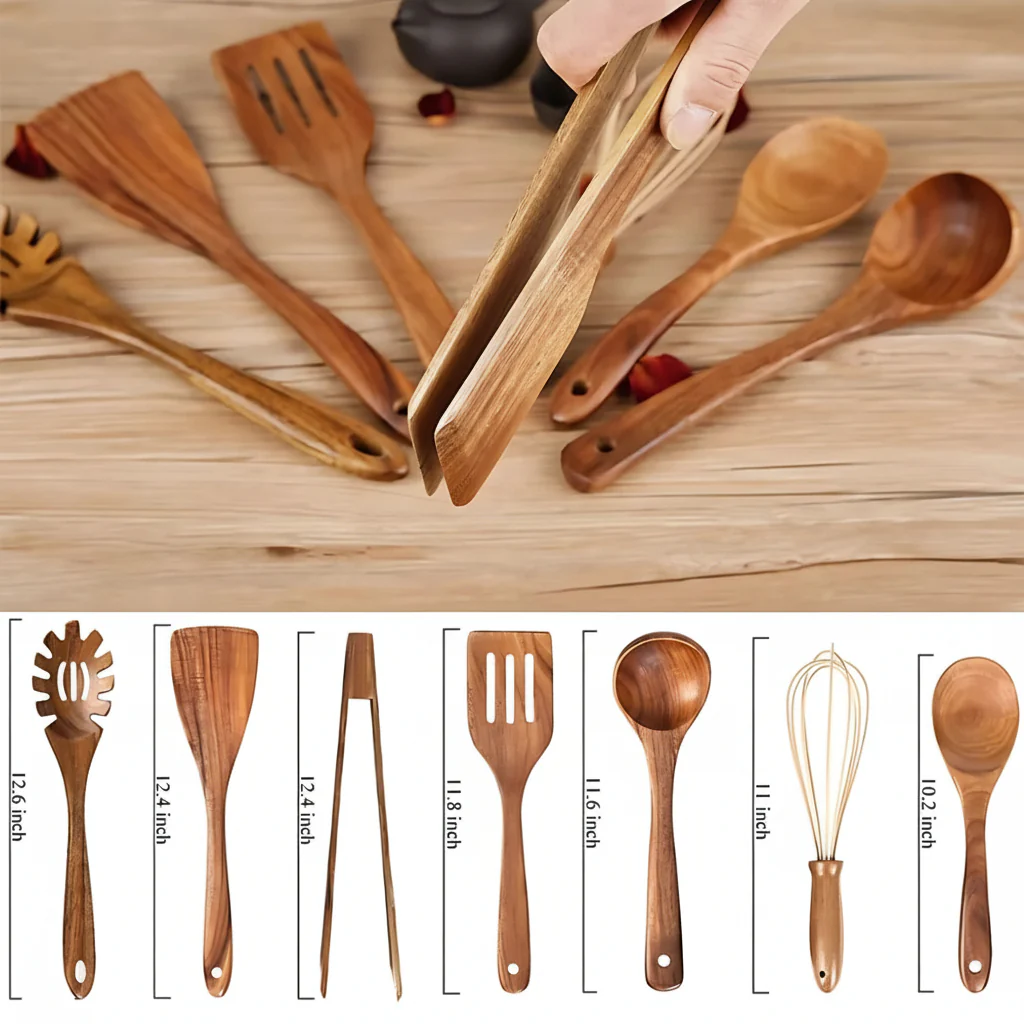 Cooking Utensils Wooden Set Non Scratch Heat Resistant Kitchen Tools