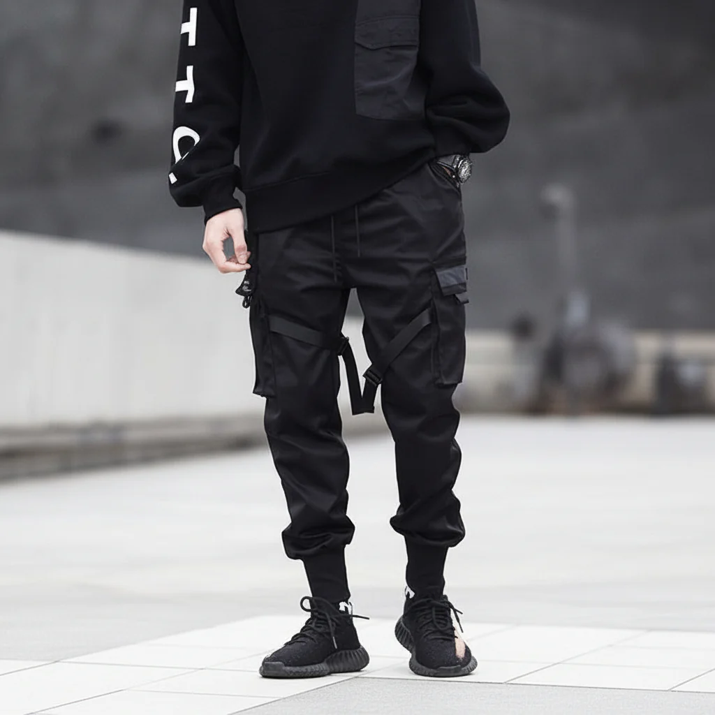 Mens Cargo Pants Black Adjustable Straps Durable Urban Trousers