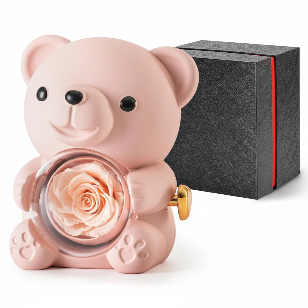 Gift Box Teddy Bear Preserved Rose Jewelry Display