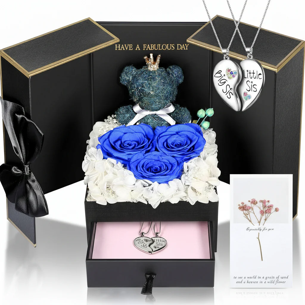 Gift Box Rose Preserved Heart Bear and Hidden Necklace