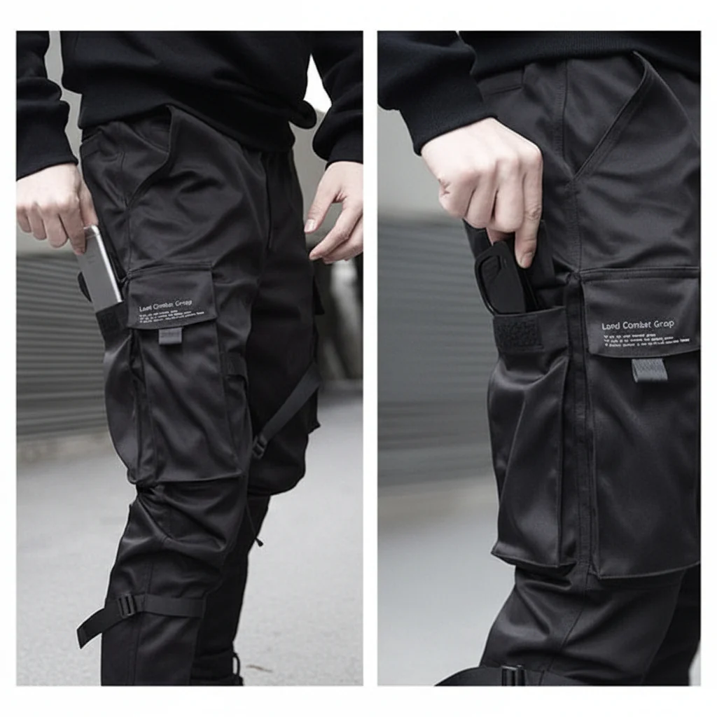 Mens Cargo Pants Black Adjustable Straps Durable Urban Trousers