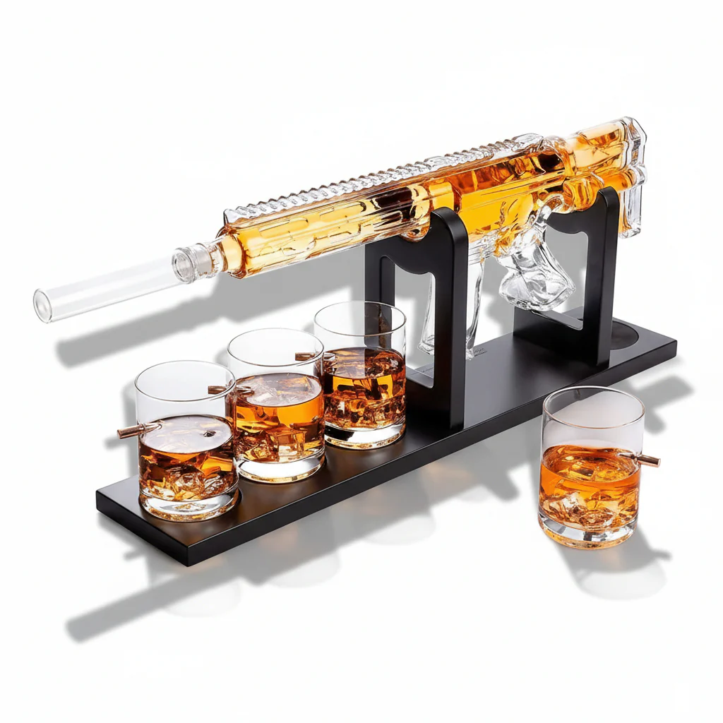 Whiskey Decanter Set Rifle Shaped Glass Bottle Stand