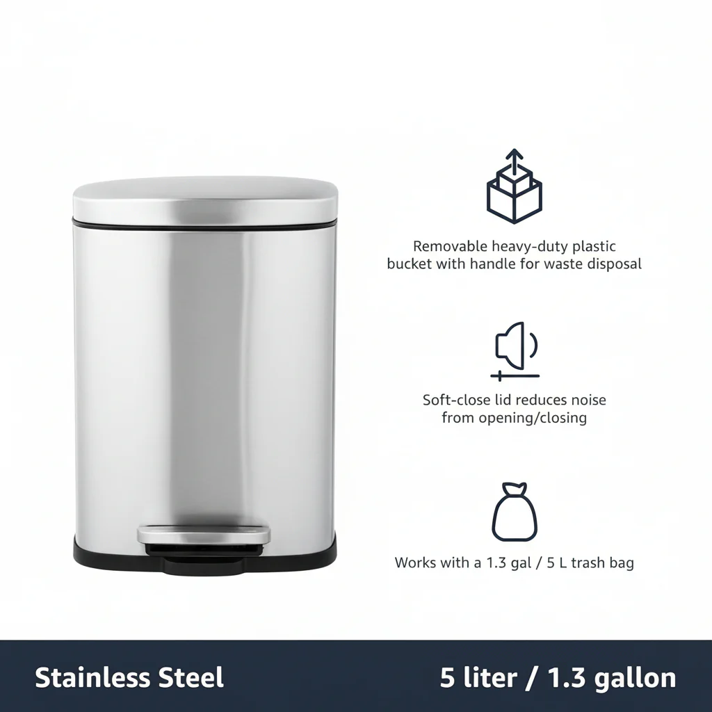 Trash Can Small Bathroom Stainless Steel Soft Close Pedal Bin