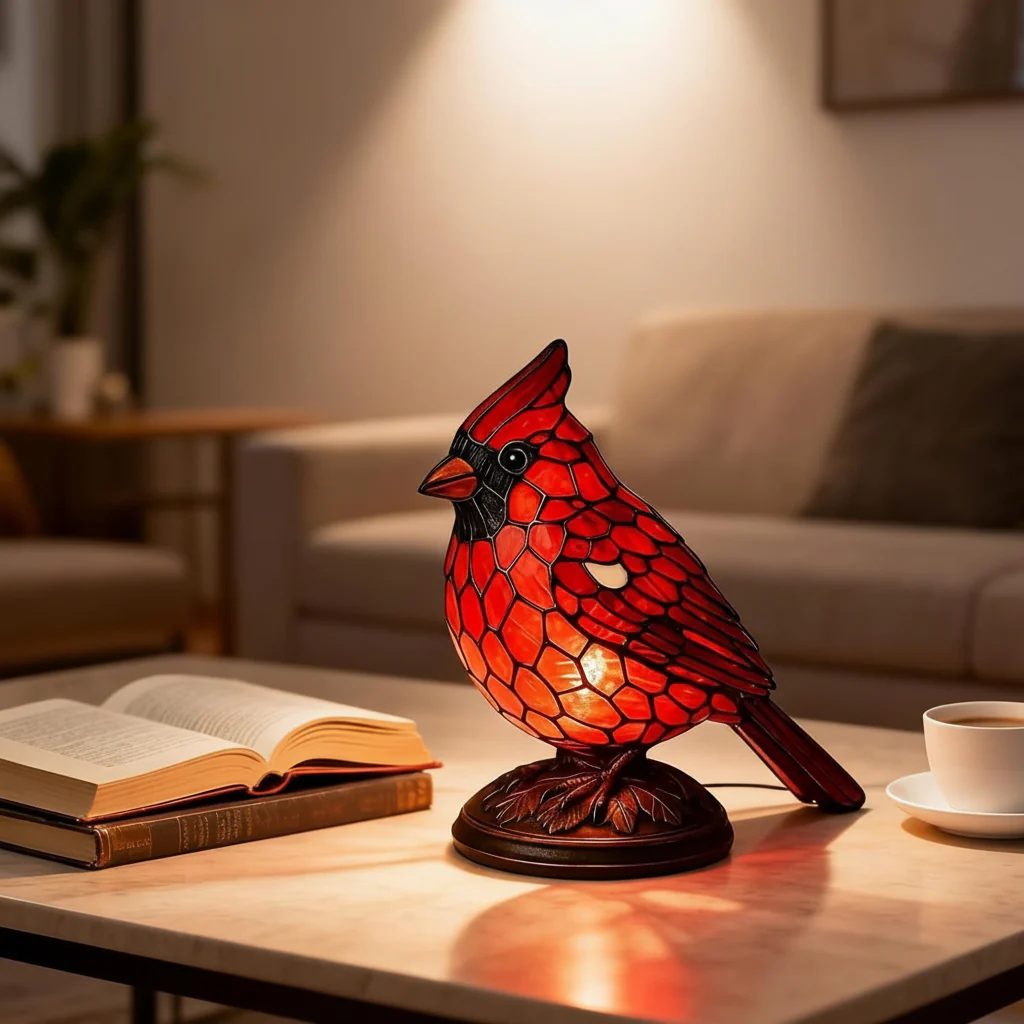 Table Lamp Red Cardinal Bird USB Powered Art Glass Lighting