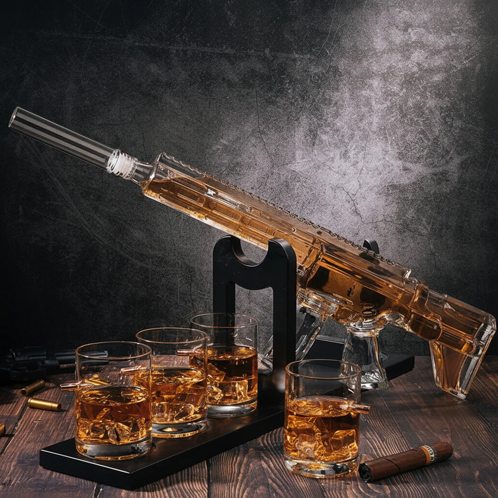 Whiskey Decanter Set Rifle Shaped Glass Bottle Stand
