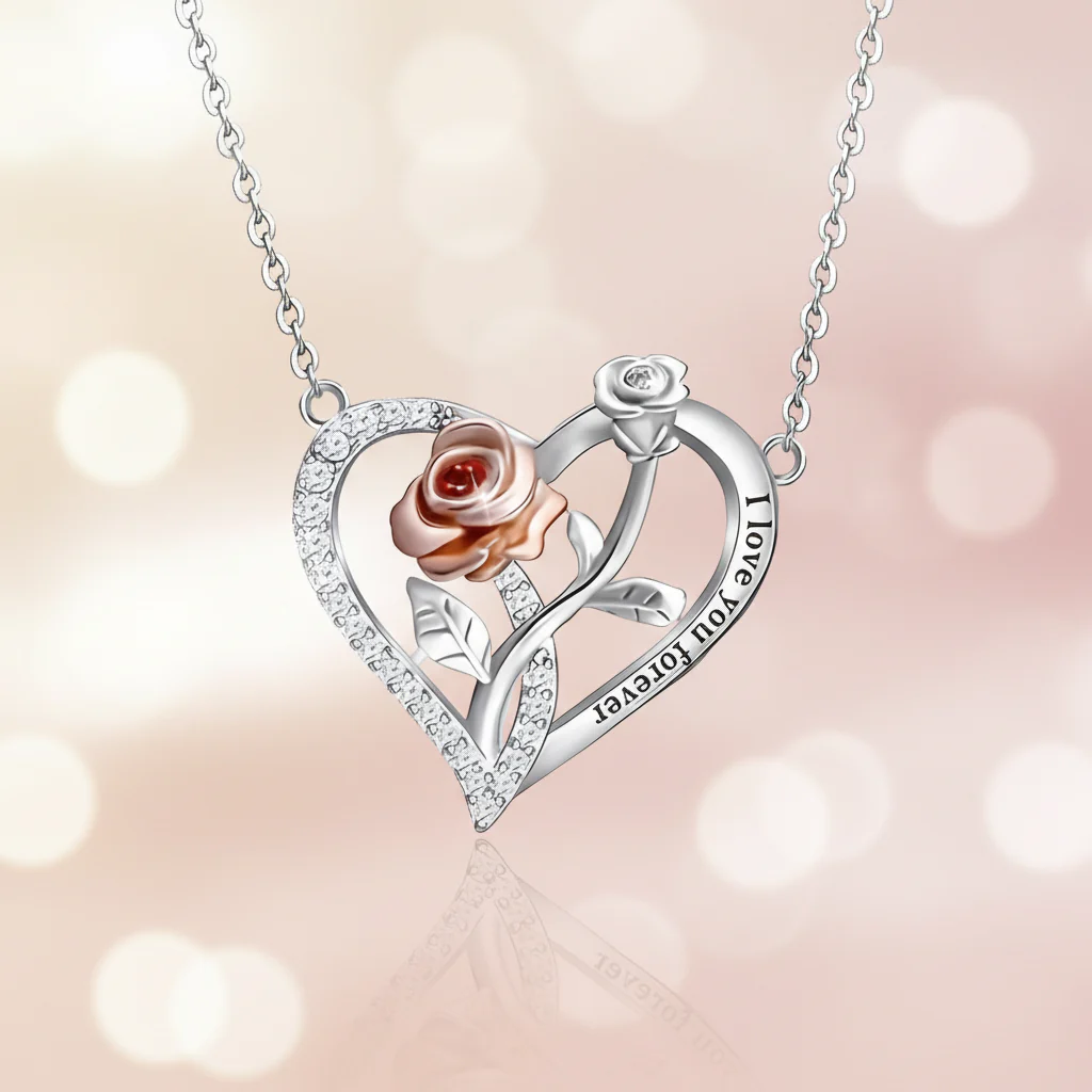 Necklace Heart Pendant Silver Rose Gift Jewelry Romantic Couples