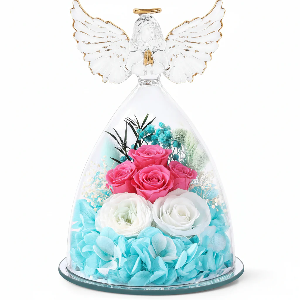 Flower Gift Glass Dome Preserved Rose Angel Light Display