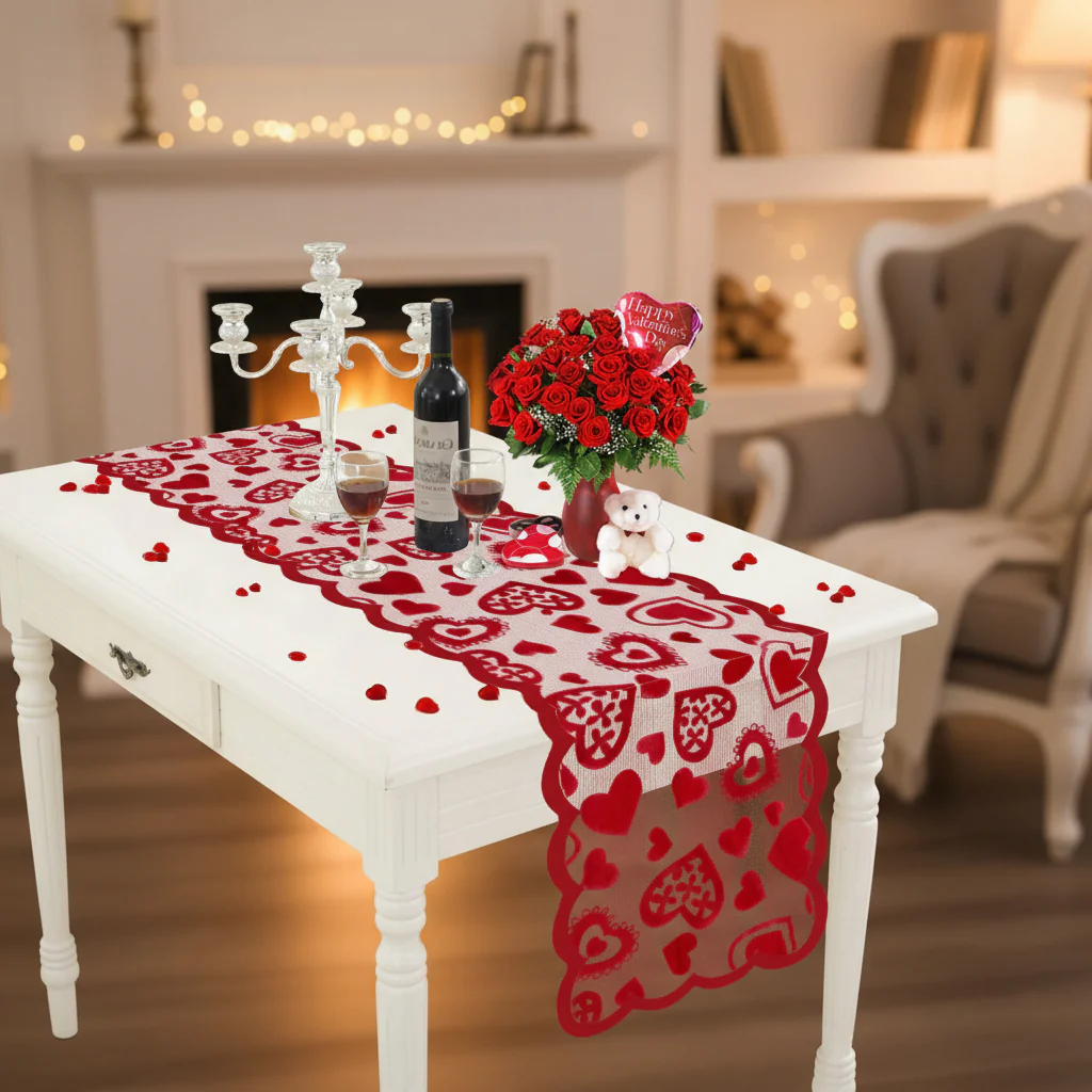Table Runner Lace Red Heart Valentines Day Romantic Dining Decor