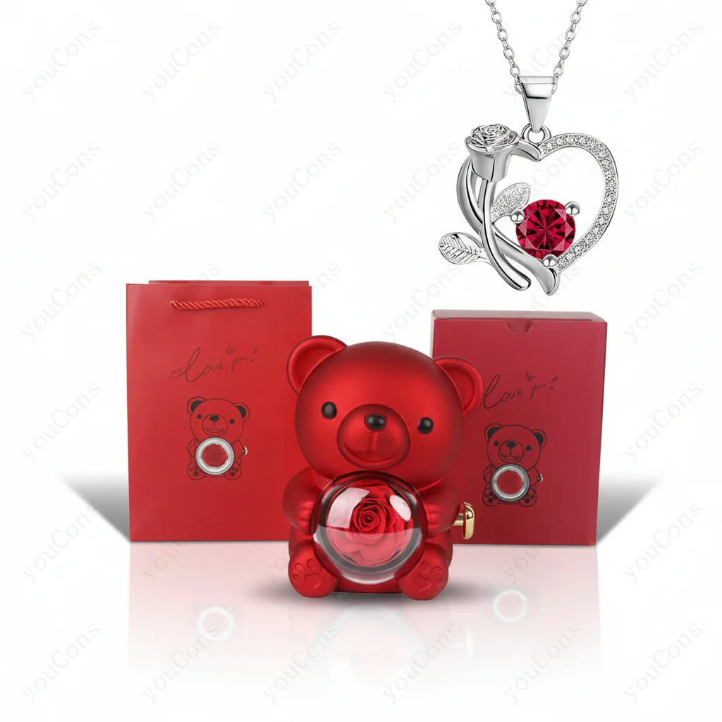 Necklace Heart Pendant Zircon Bear Rose Gift Box Women