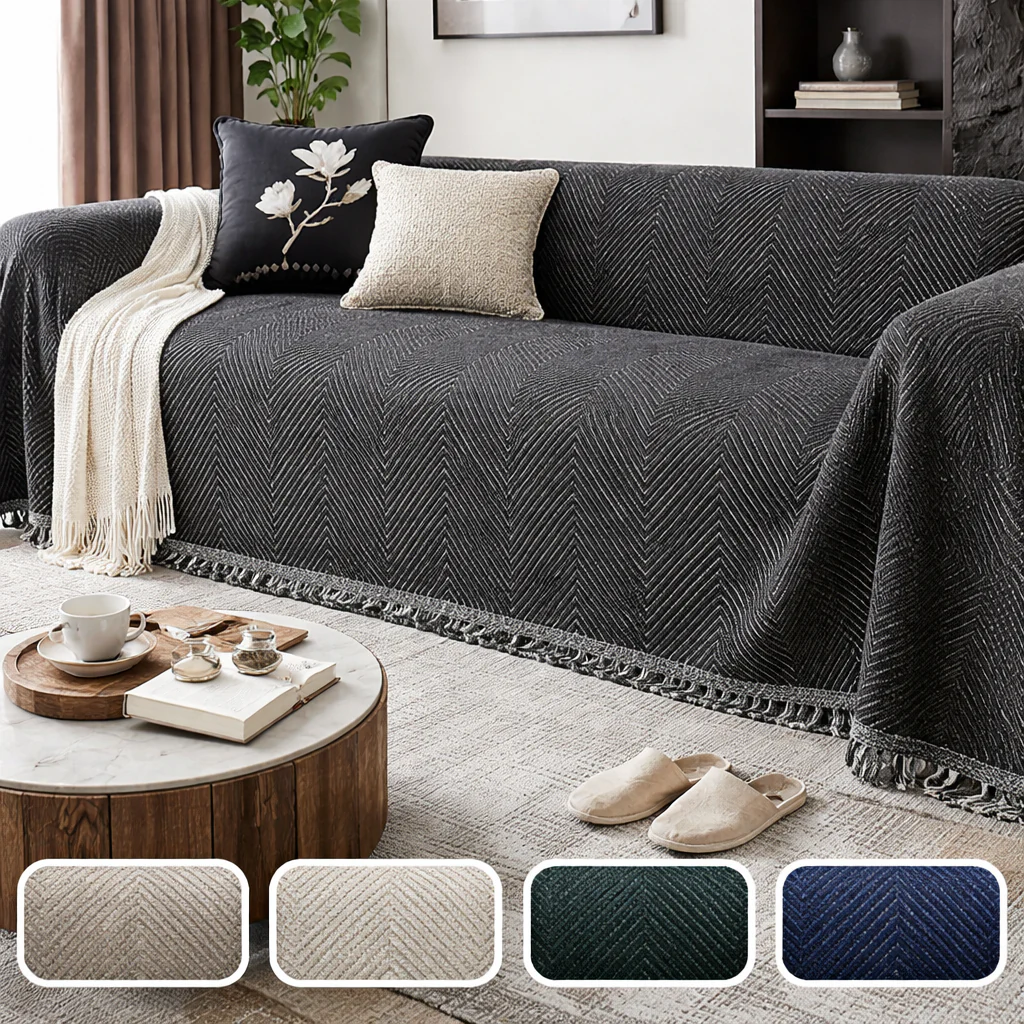 Sofa Cover Herringbone Stripe Non Slip Microfiber Couch Protector