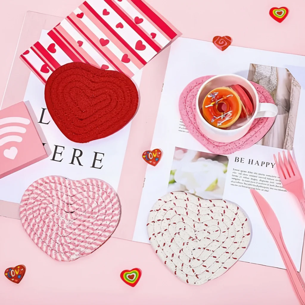 Table Coasters Heart Shaped Woven Polyester Heat Resistant Mats
