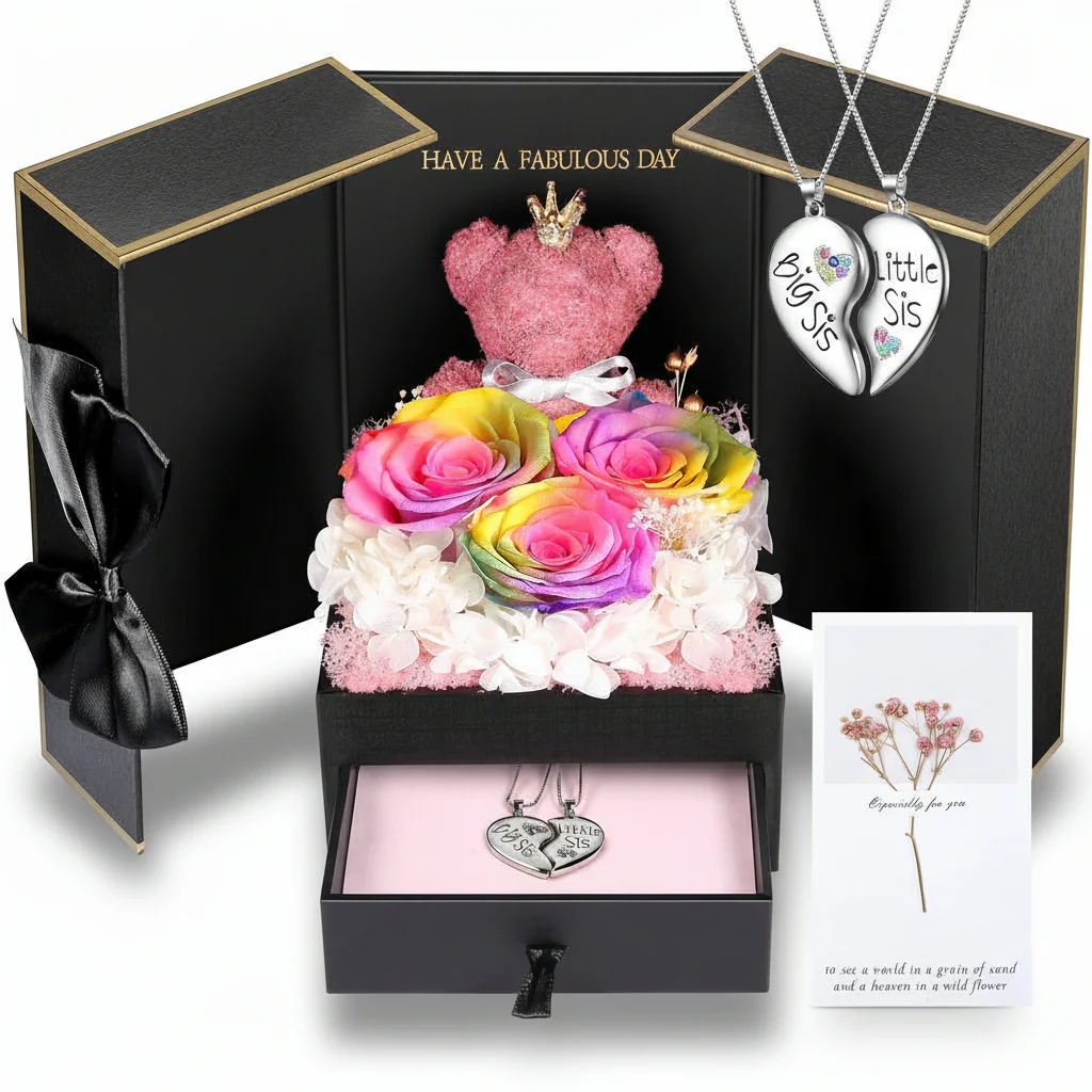 Gift Box Rose Preserved Heart Bear and Hidden Necklace