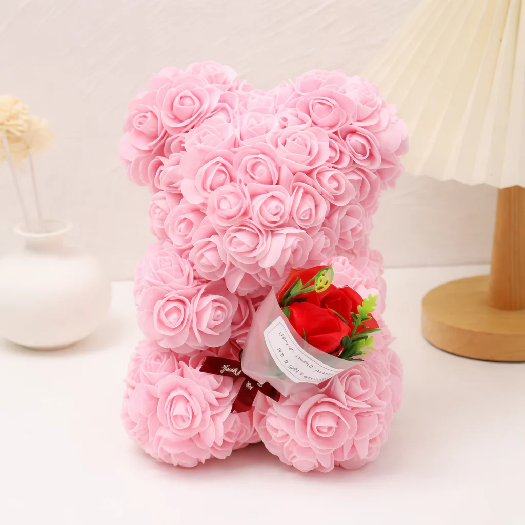 Table Decor Rose Bear Artificial Flower Gift Valentine Display