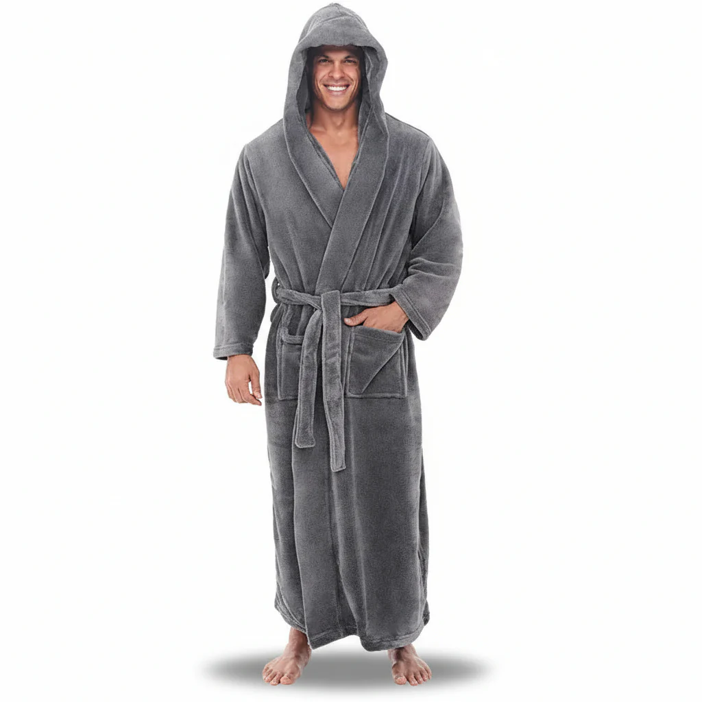 Bathrobe Hooded Mens Plush Long Robe Warm Winter Lounge Wear