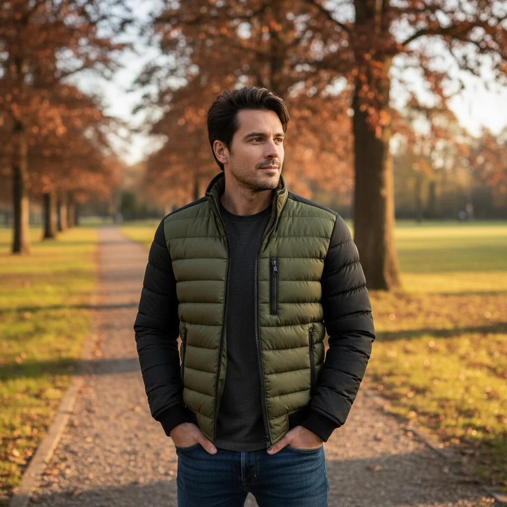 Winter Jacket Puffer Quilted Zip Front Contrast Sleeve Coat