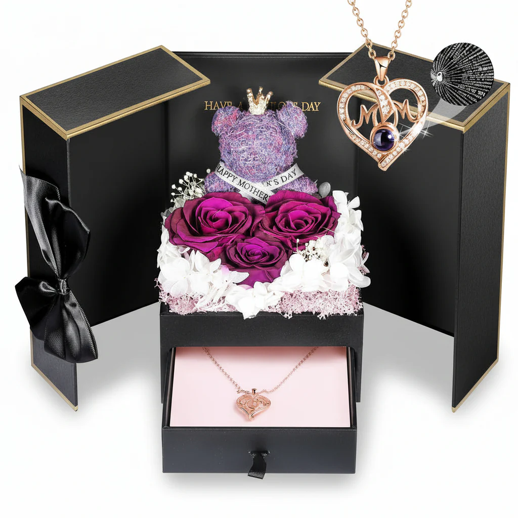 Gift Box Rose Preserved Heart Bear and Hidden Necklace
