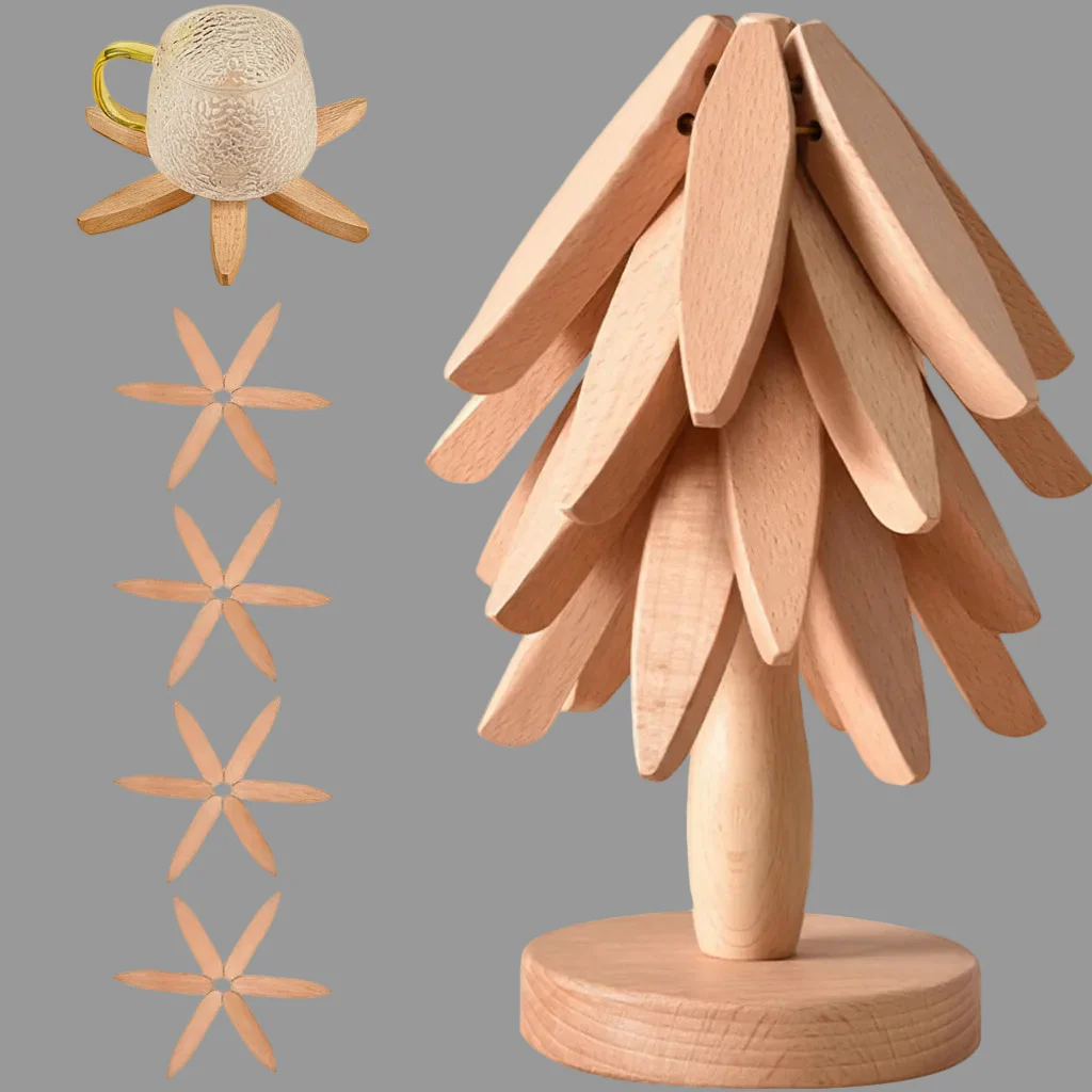 Kitchen Trivet Wooden Heat Resistant Folding Tree Design Set