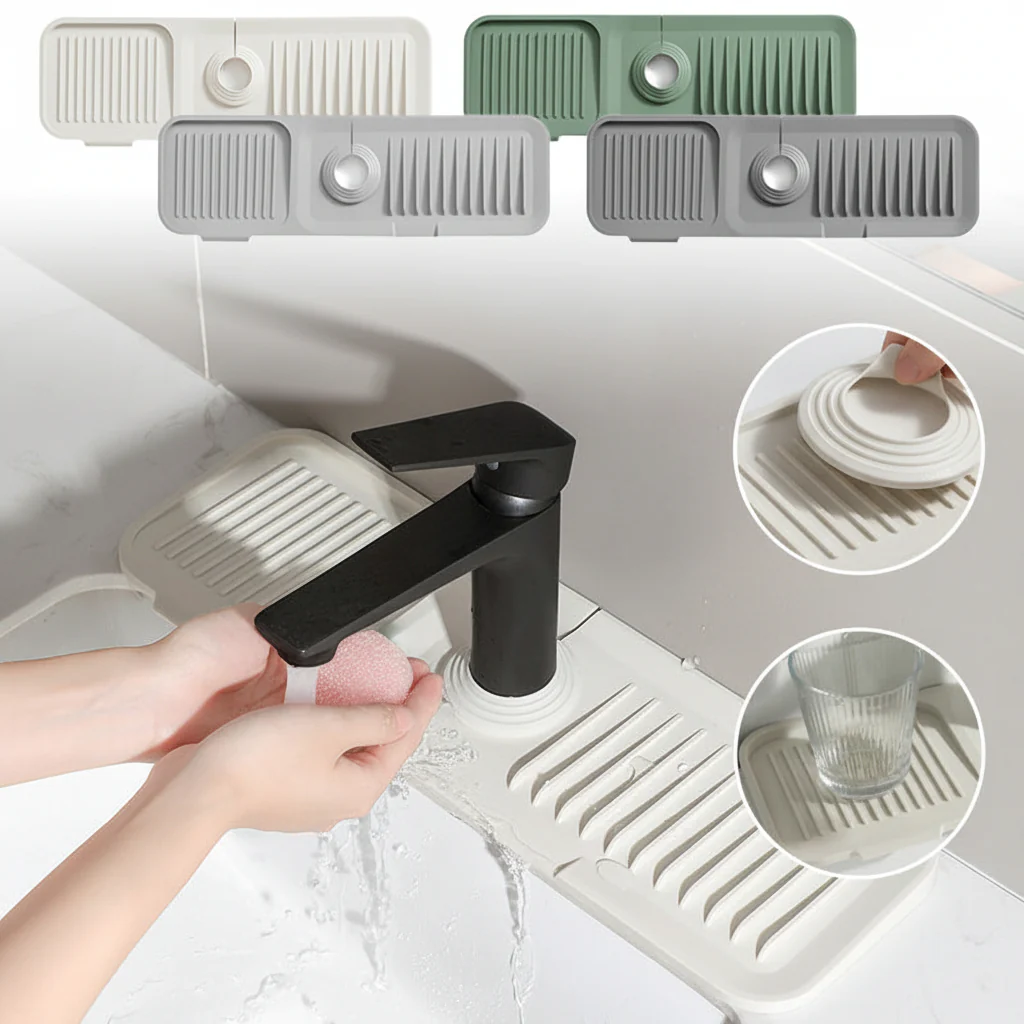 Sink Mat Silicone Faucet Drip Catcher Self Draining Design