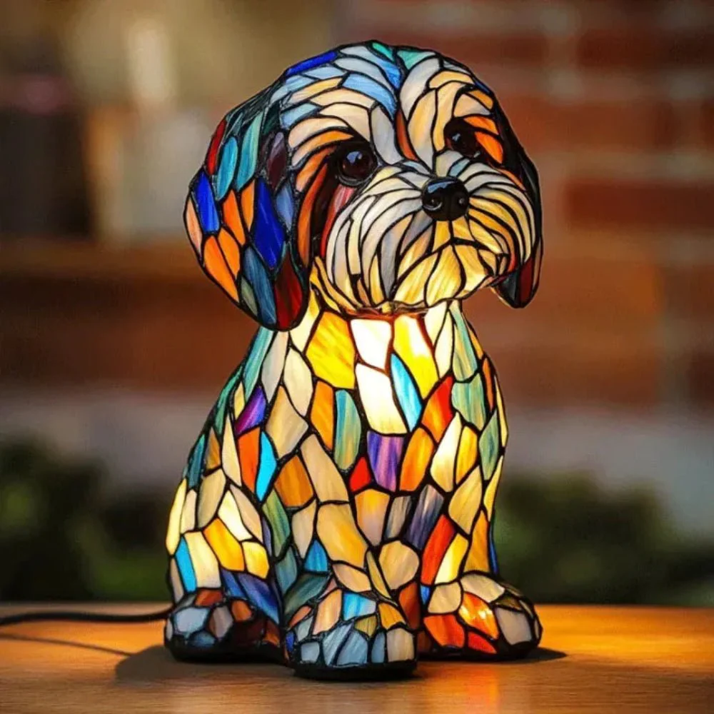 Table Lamp Stained Glass Dog Mosaic Style Animal Light