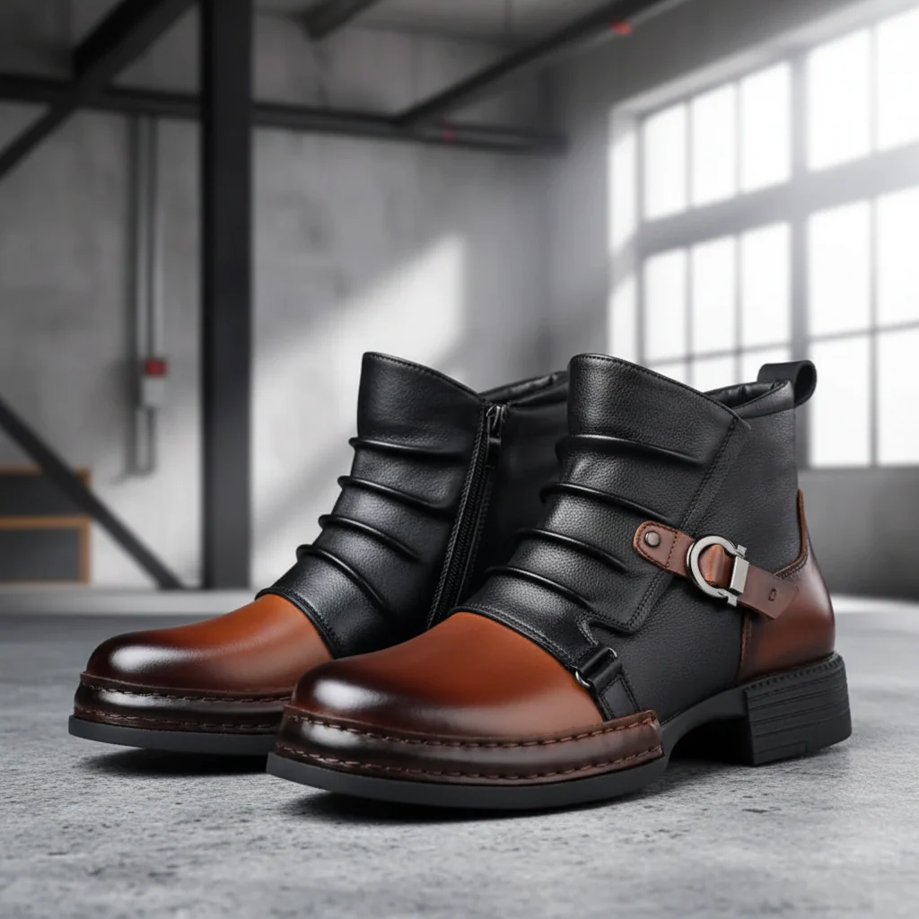 Men Ankle Boots Leather Buckle Side Zip Casual Dress Shoes
