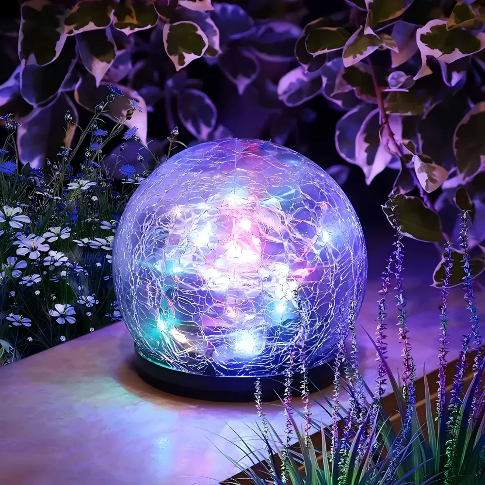 Solar Lights Orb Crackle Glass Sphere Path Accent Outdoor Glow