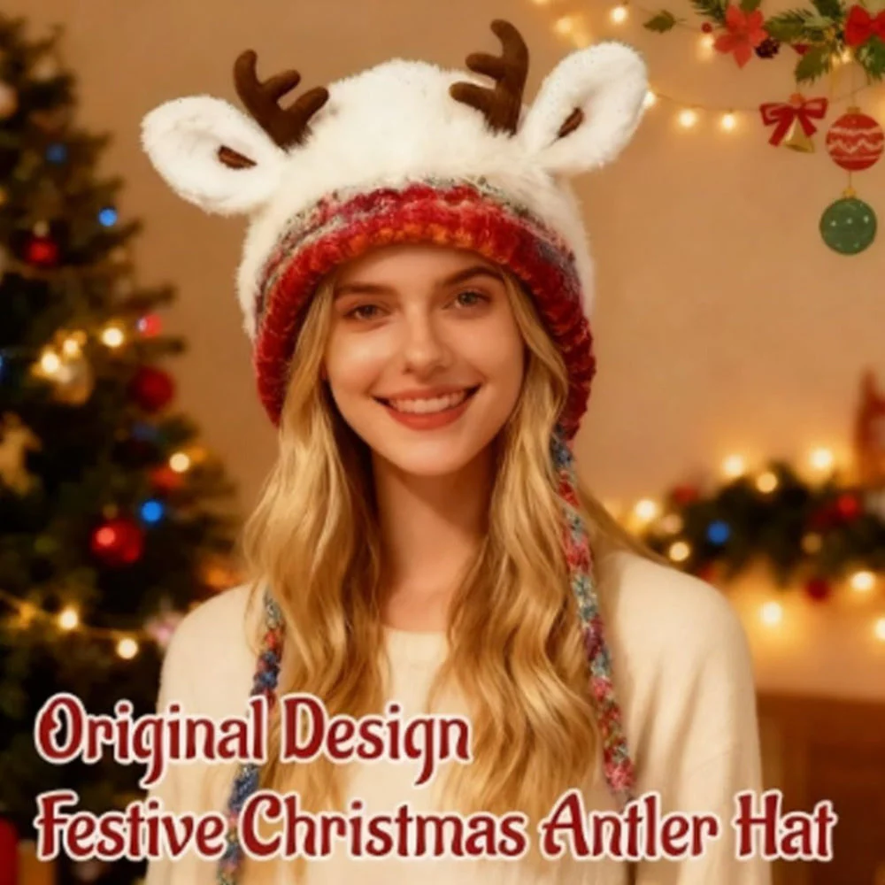 Women Knit Reindeer Animal Ear Flap Winter Hat Beanie