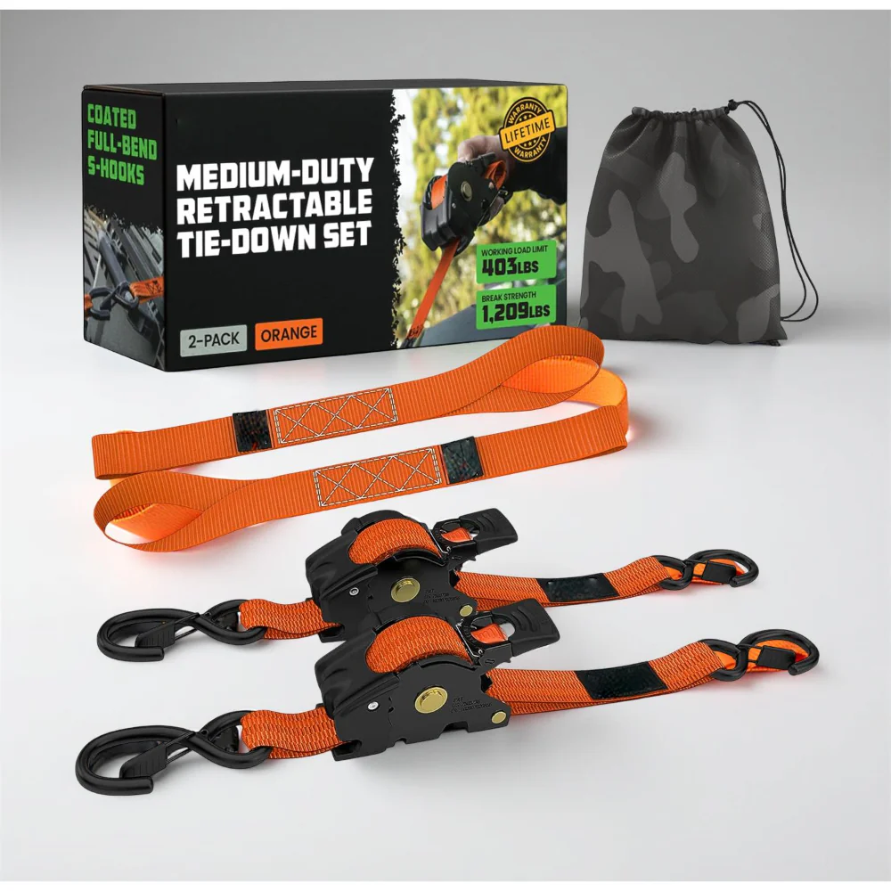 Ratchet Straps Cargo Retractable Tie Down Heavy Duty Hook Set
