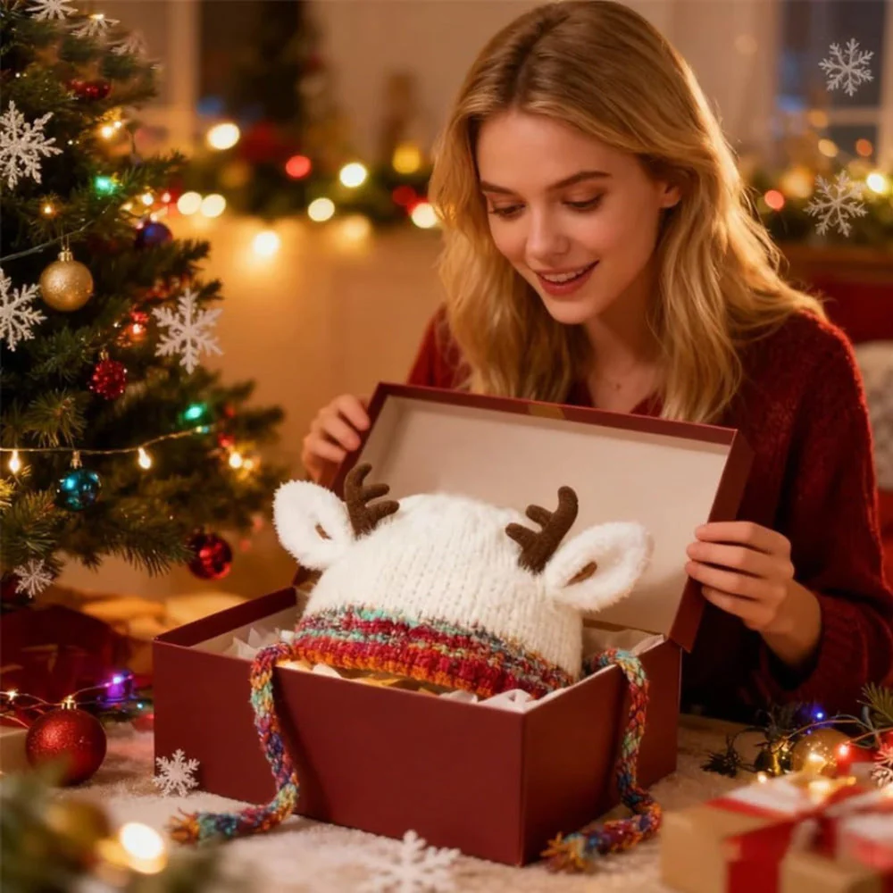 Women Knit Reindeer Animal Ear Flap Winter Hat Beanie