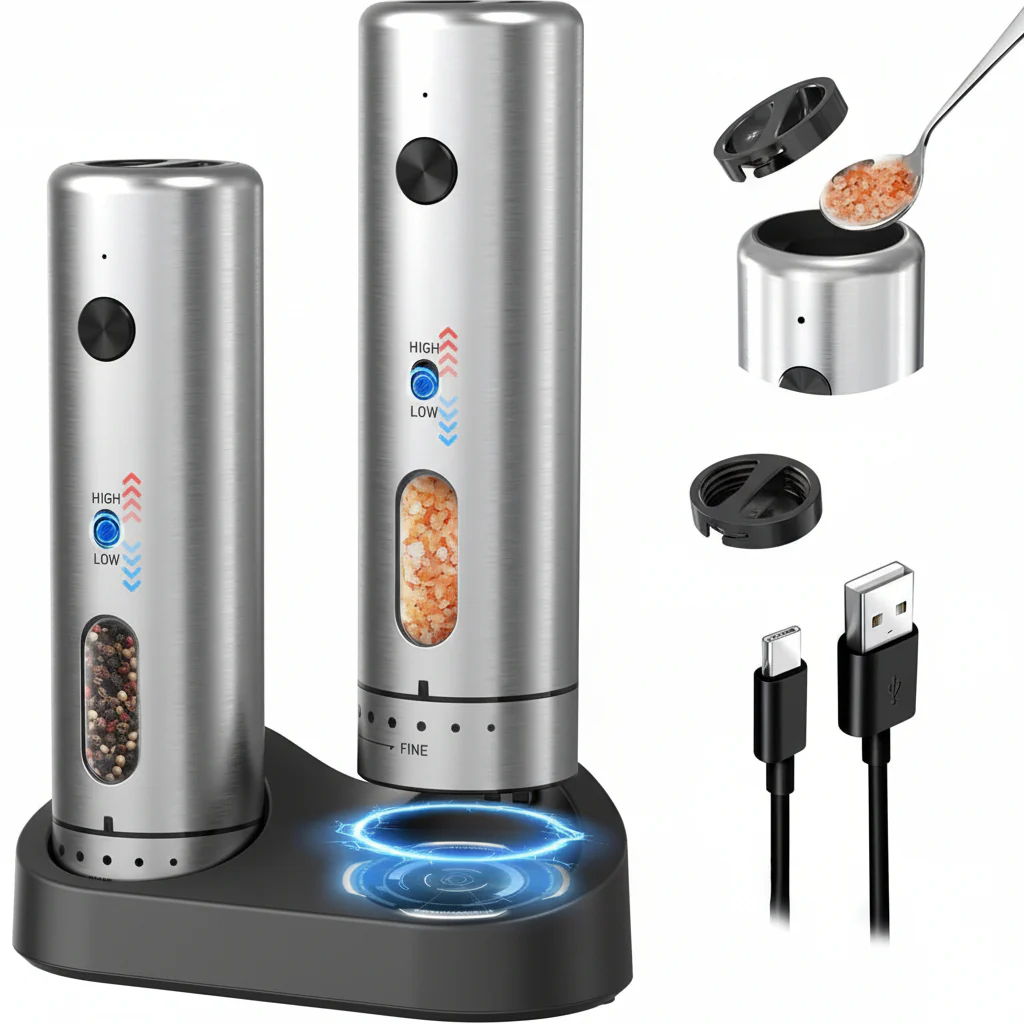 Electric Salt Pepper Grinder Set USB Rechargeable Charging Base ProMax