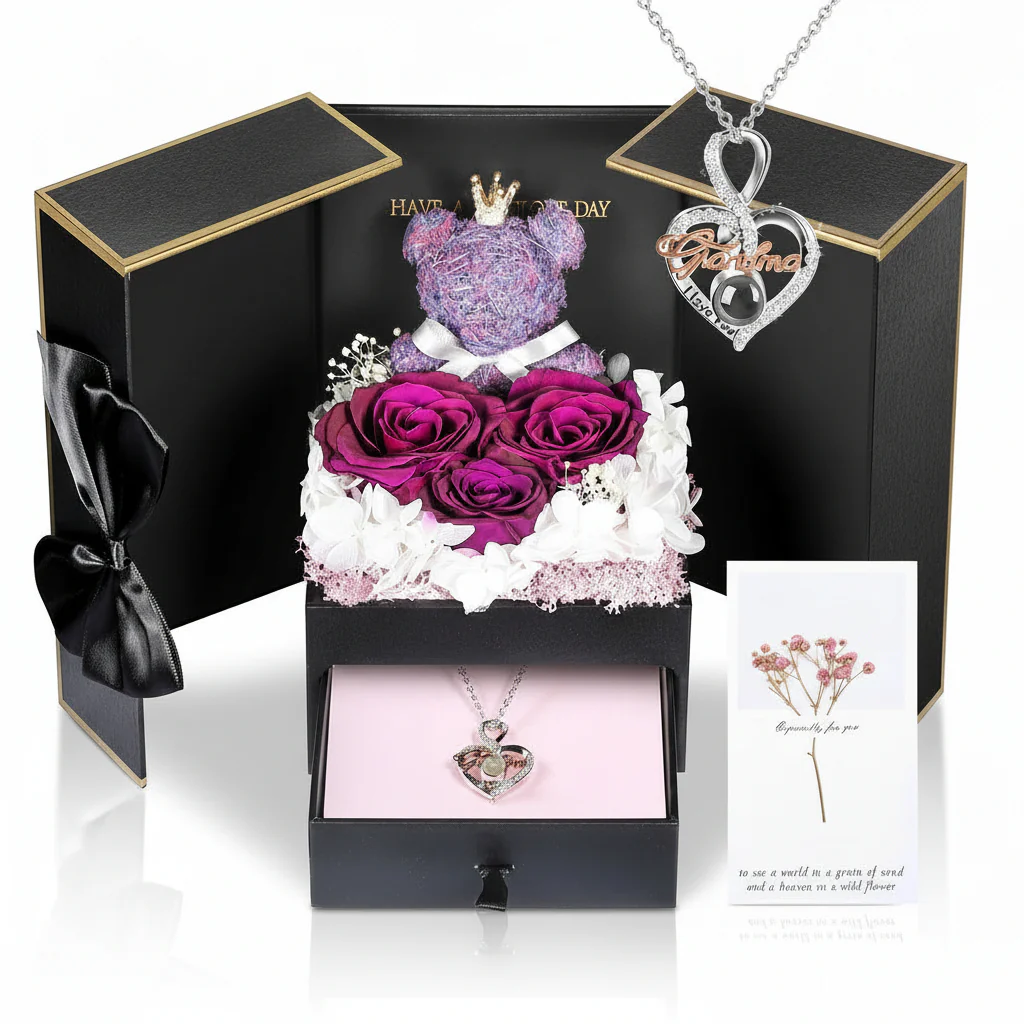 Gift Box Rose Preserved Heart Bear and Hidden Necklace
