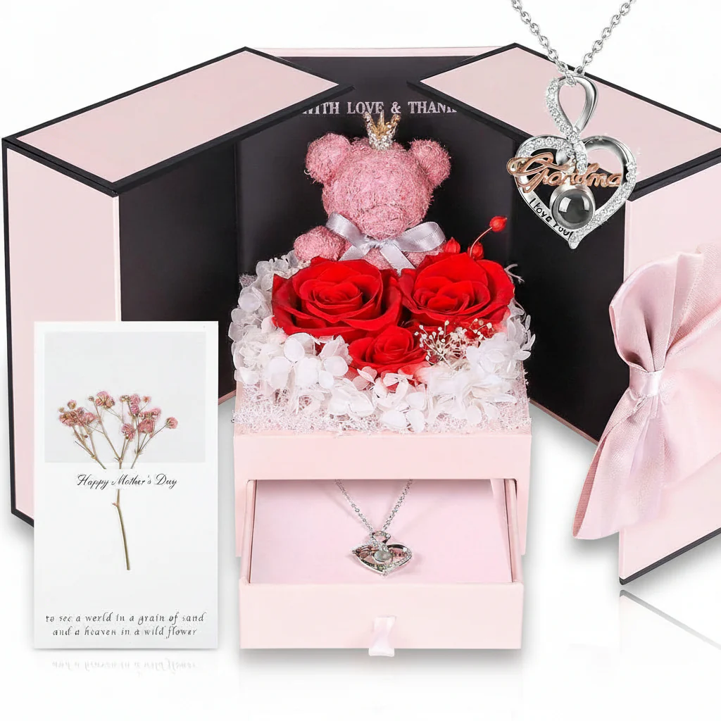 Gift Box Rose Preserved Heart Bear and Hidden Necklace