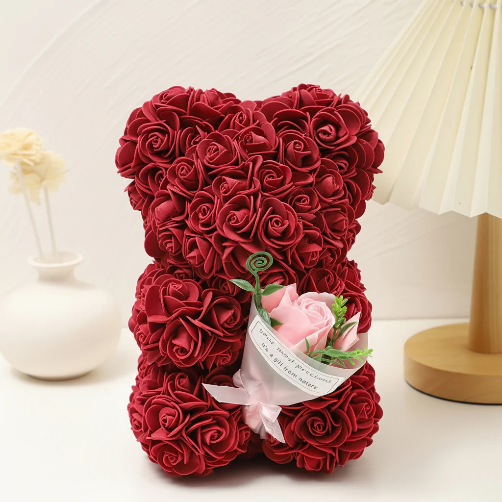 Table Decor Rose Bear Artificial Flower Gift Valentine Display