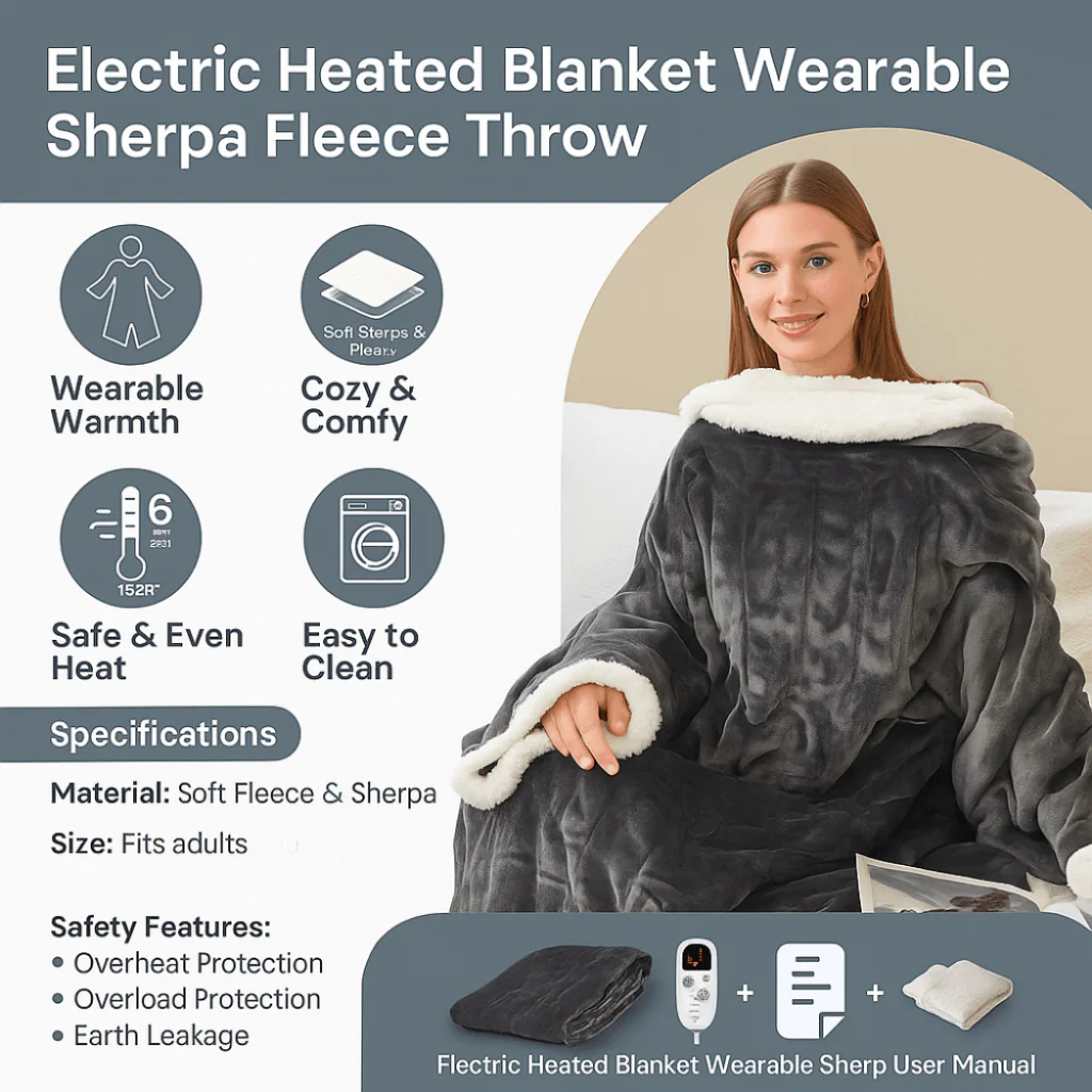 Electric Heated Blanket Wearable Sherpa Fleece Throw Adults