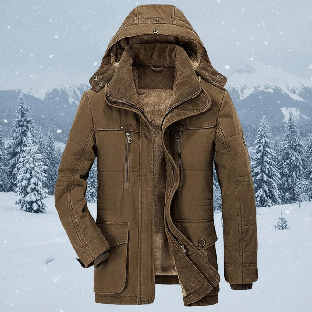 Men Winter Jacket Hooded Lined Parka Coat Windproof Insulated
