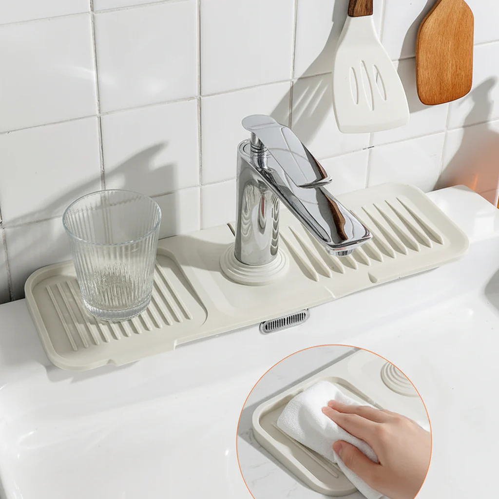 Sink Mat Silicone Faucet Drip Catcher Self Draining Design