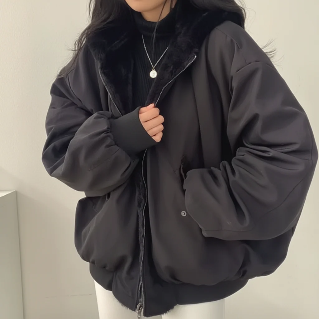 Winter Jacket Women Shearling Lined Zipper Casual Coat