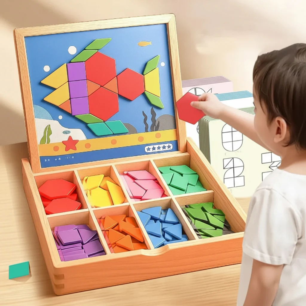 Magnetic Puzzle Wooden Pattern Blocks Educational STEM Toy Set