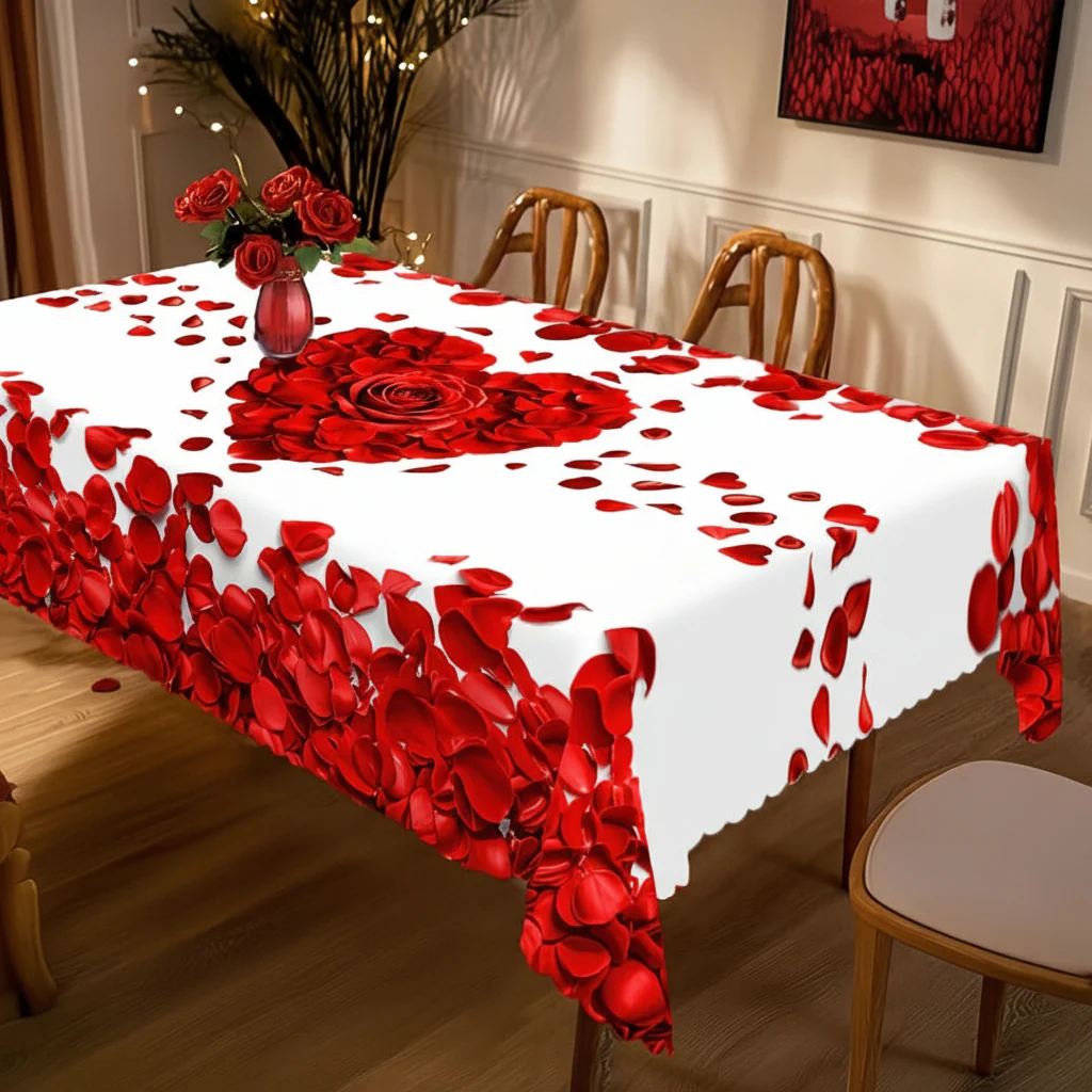 Tablecloth Rose Petal Heart Romantic Polyester Dining Table Cover