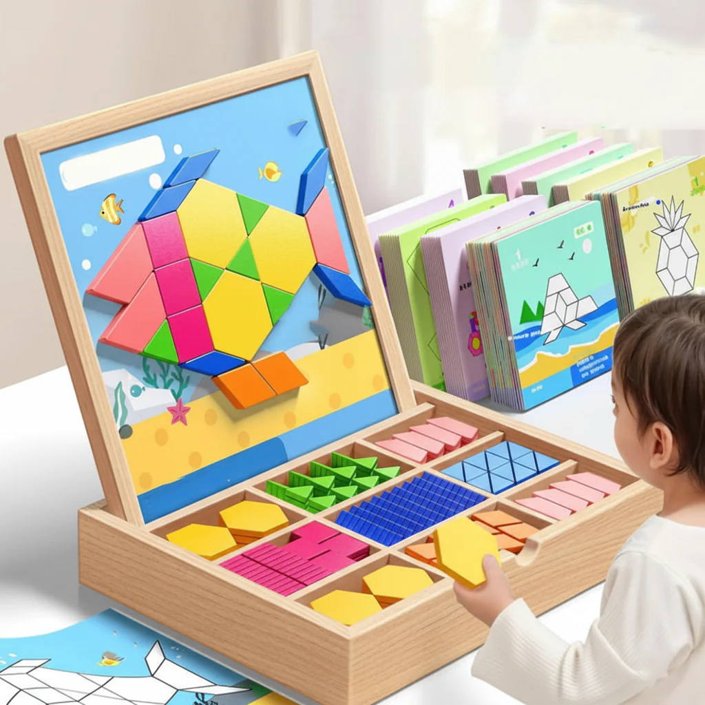Magnetic Puzzle Wooden Pattern Blocks Educational STEM Toy Set
