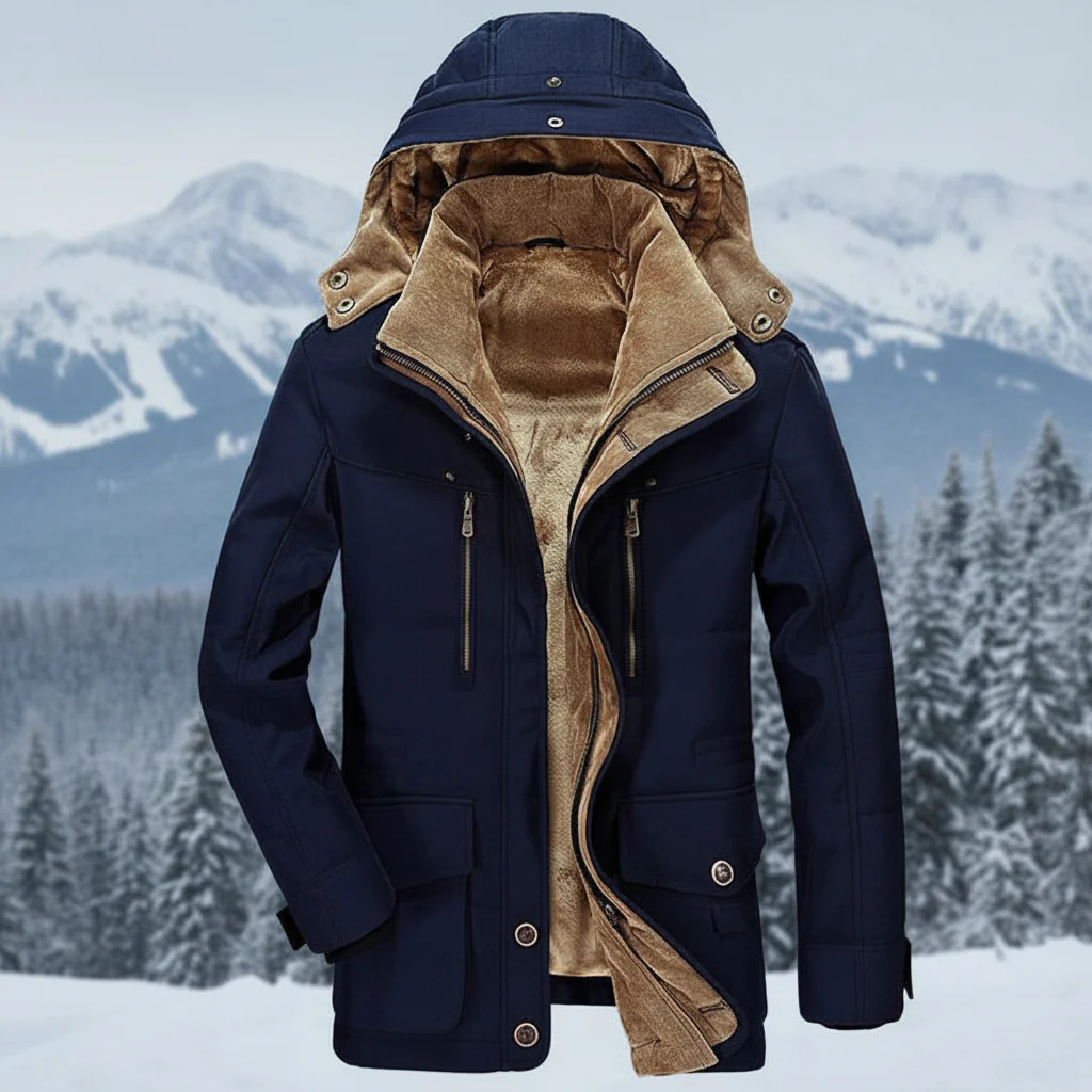 Men Winter Jacket Hooded Lined Parka Coat Windproof Insulated