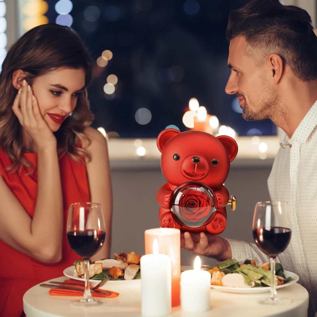 Gift Box Teddy Bear Preserved Rose Jewelry Display