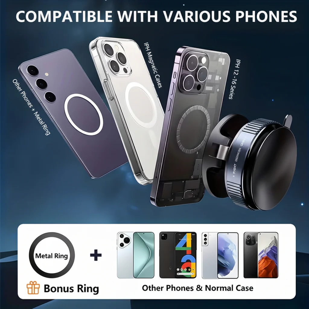 Car Charger Phone Mount Magnetic Aluminum Dashboard Holder