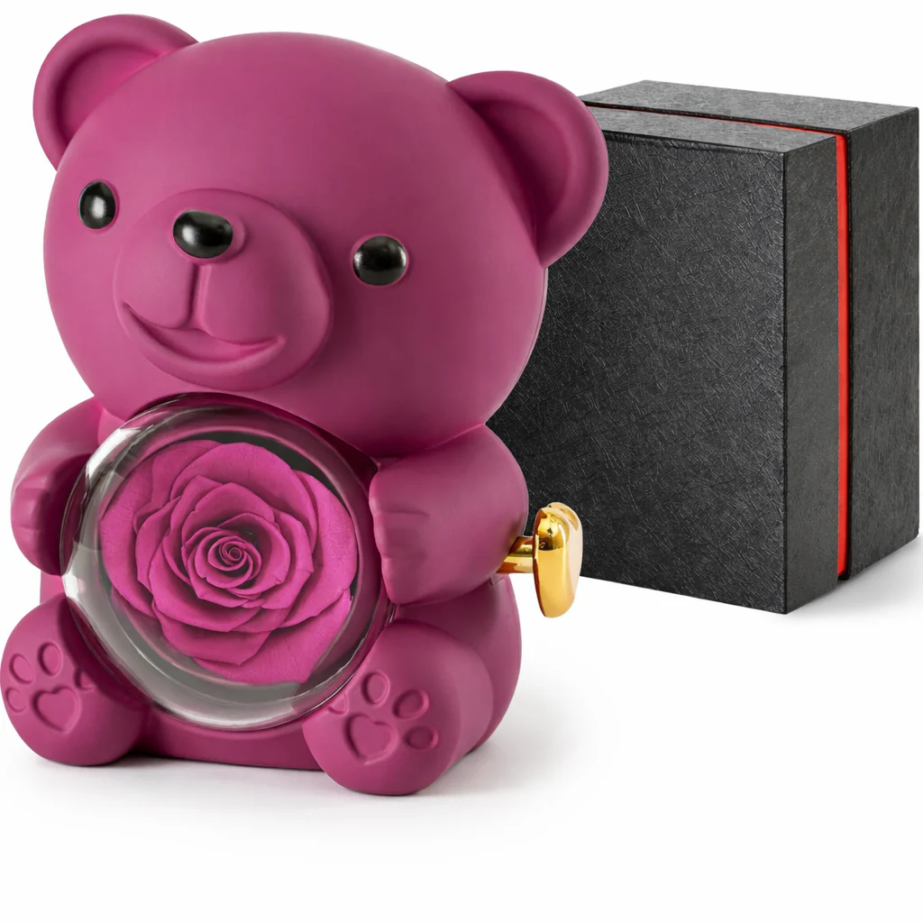 Gift Box Teddy Bear Preserved Rose Jewelry Display