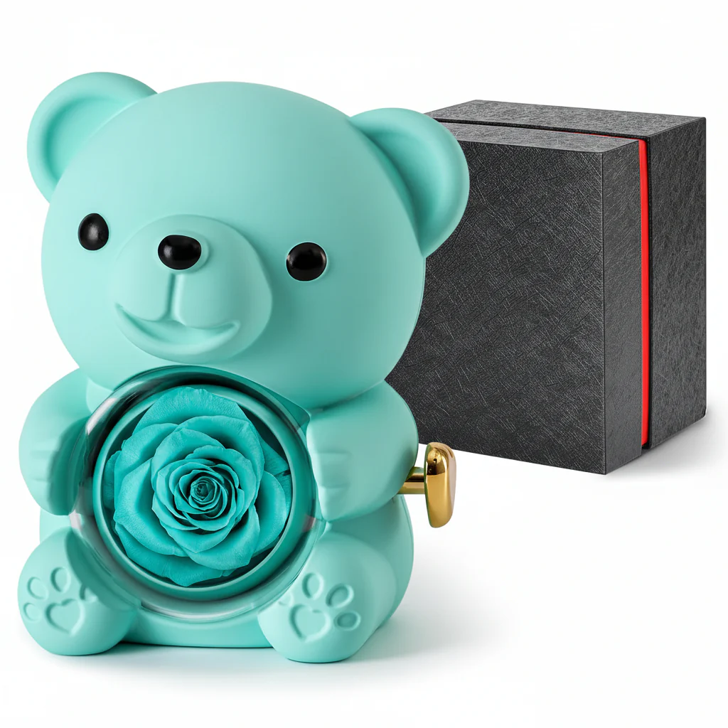 Gift Box Teddy Bear Preserved Rose Jewelry Display