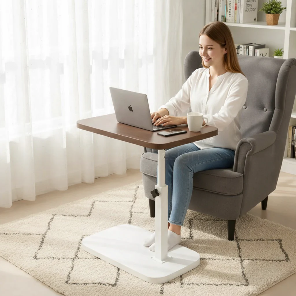 Side Table Adjustable C Shaped Walnut Laptop Sofa Table