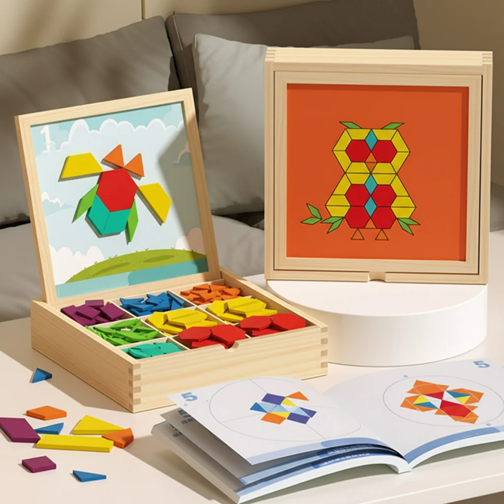 Magnetic Puzzle Wooden Pattern Blocks Educational STEM Toy Set