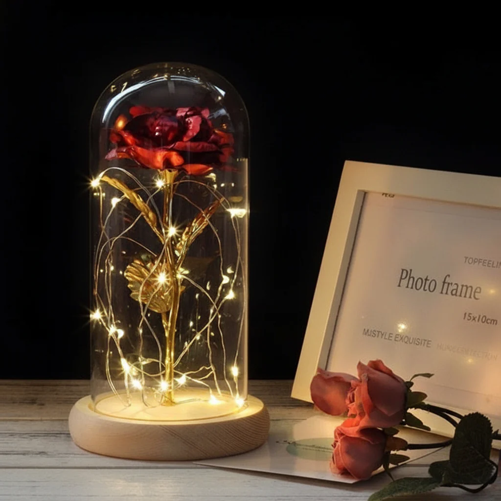 Table Lamp Glass Dome Rose Led Lights Wooden Base