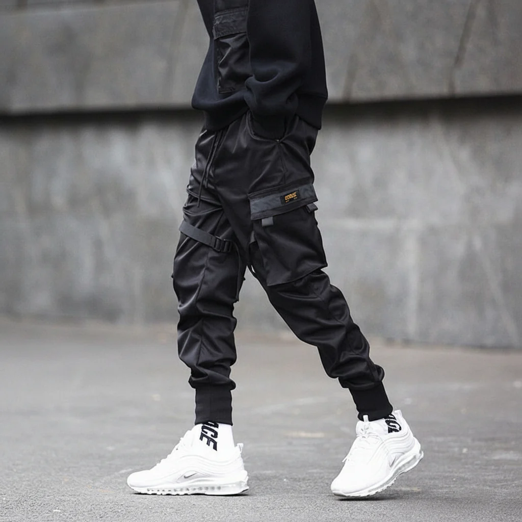 Mens Cargo Pants Black Adjustable Straps Durable Urban Trousers