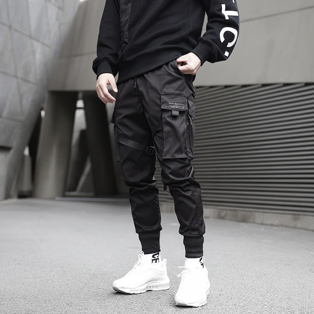 Mens Cargo Pants Black Adjustable Straps Durable Urban Trousers